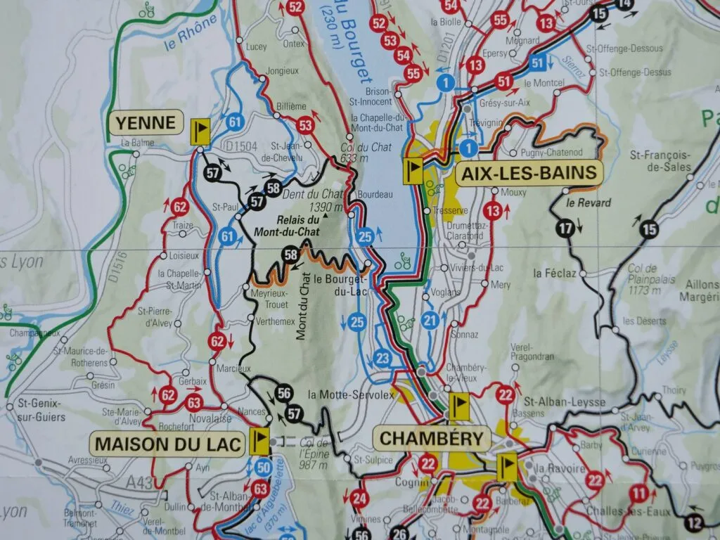 Carte des itinéraires VTT autour du lac du Bourget